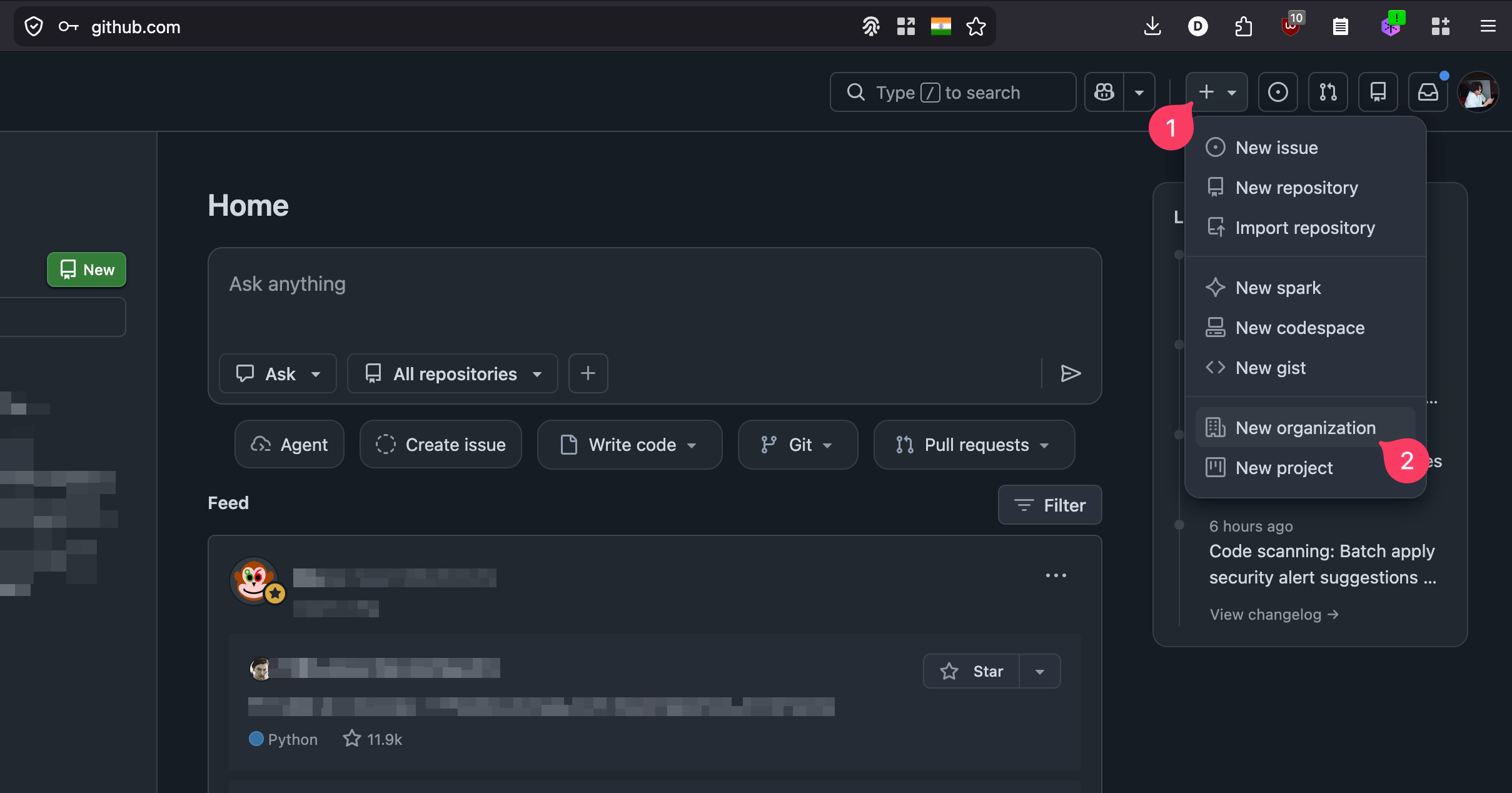 GitHub home page with the + menu open and New organization highlighted