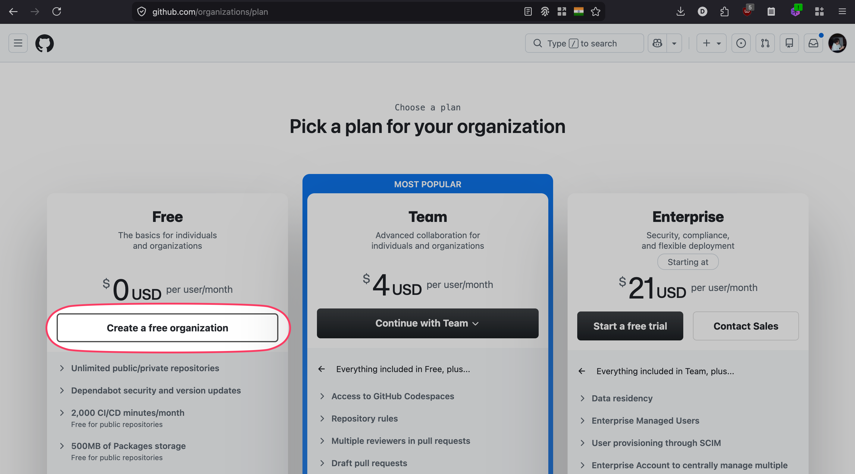 GitHub plan picker with Create a free organization highlighted