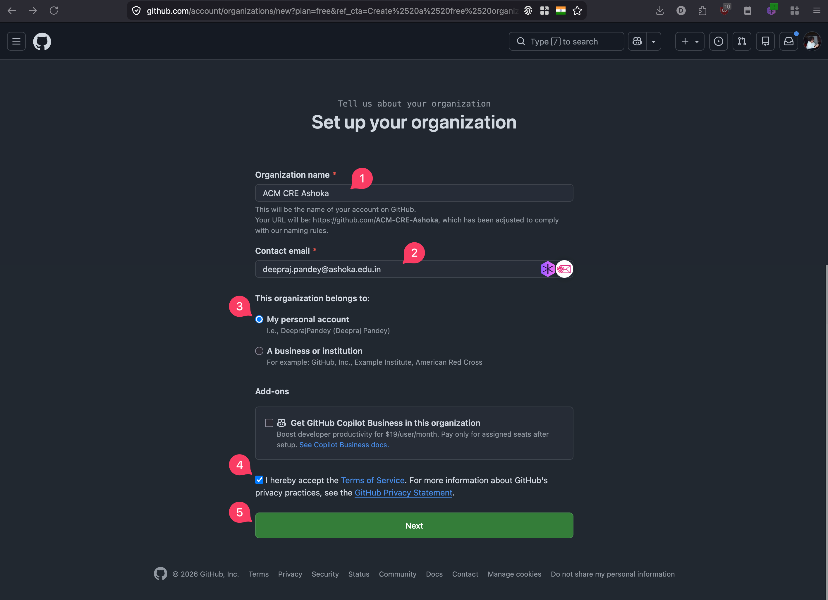 GitHub organisation setup form with five numbered fields highlighted