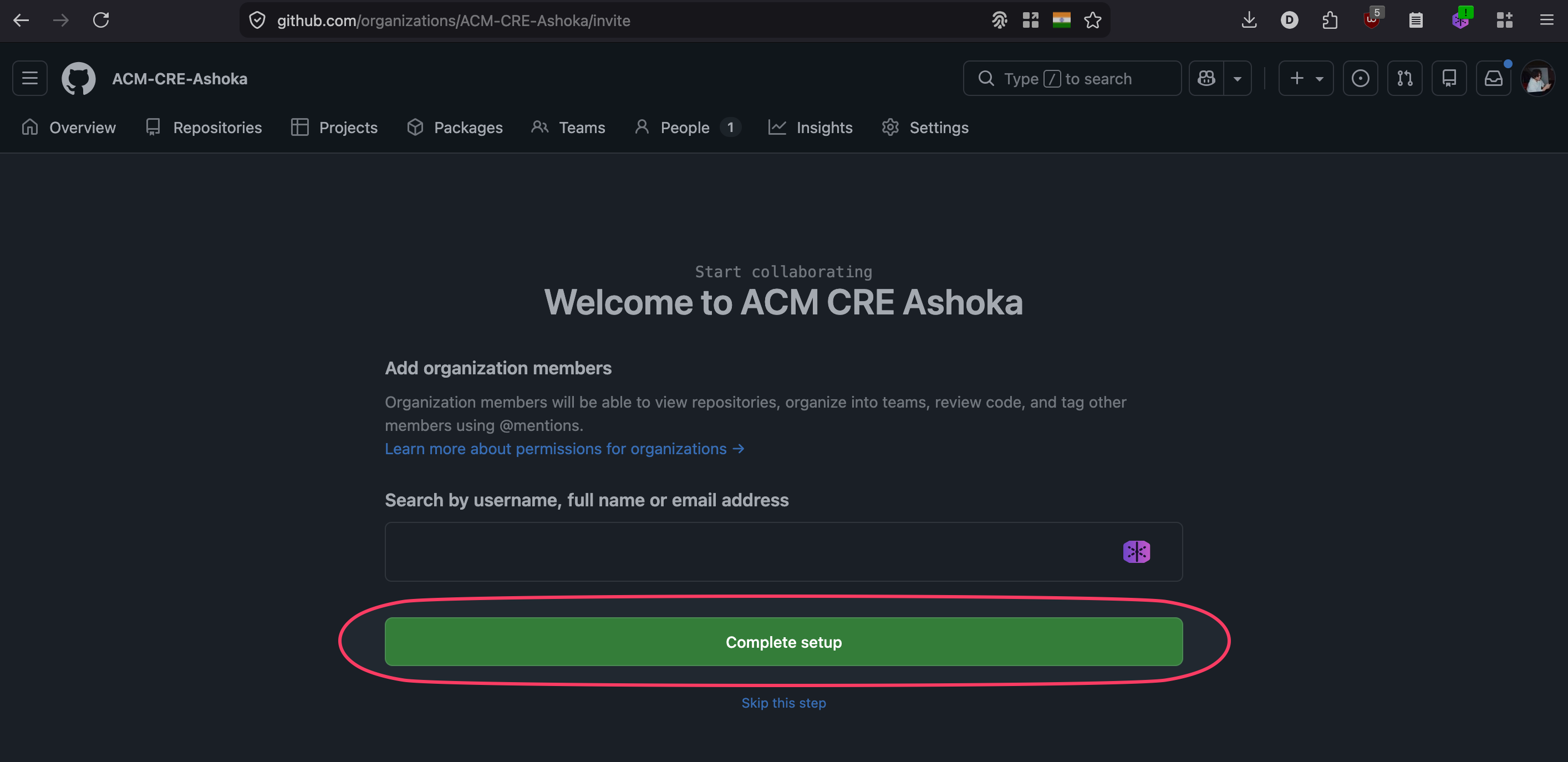 GitHub Welcome screen with Complete setup button highlighted