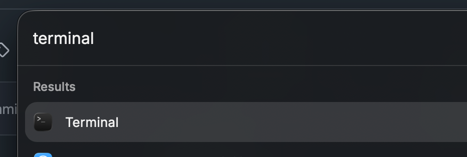 macOS Spotlight search showing the Terminal app