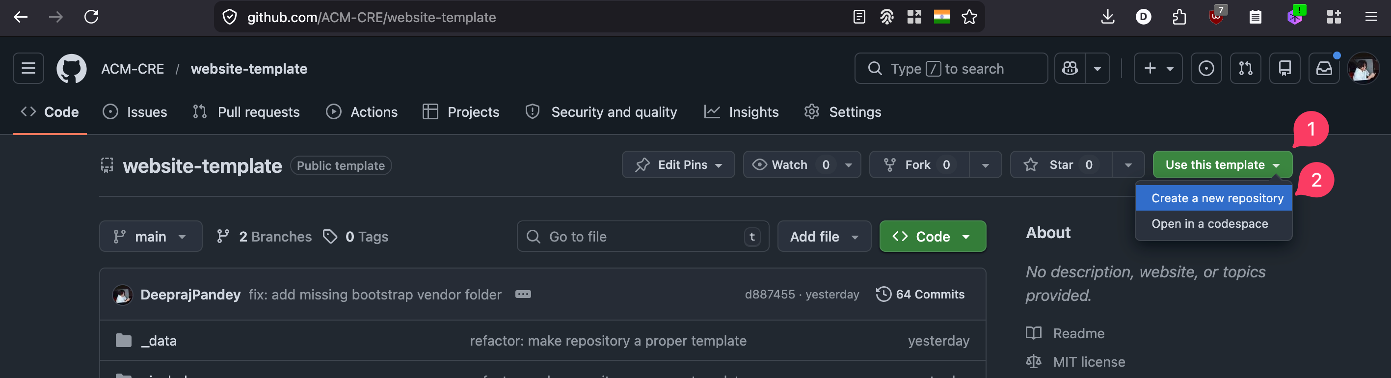 website-template repo page with Use this template menu open