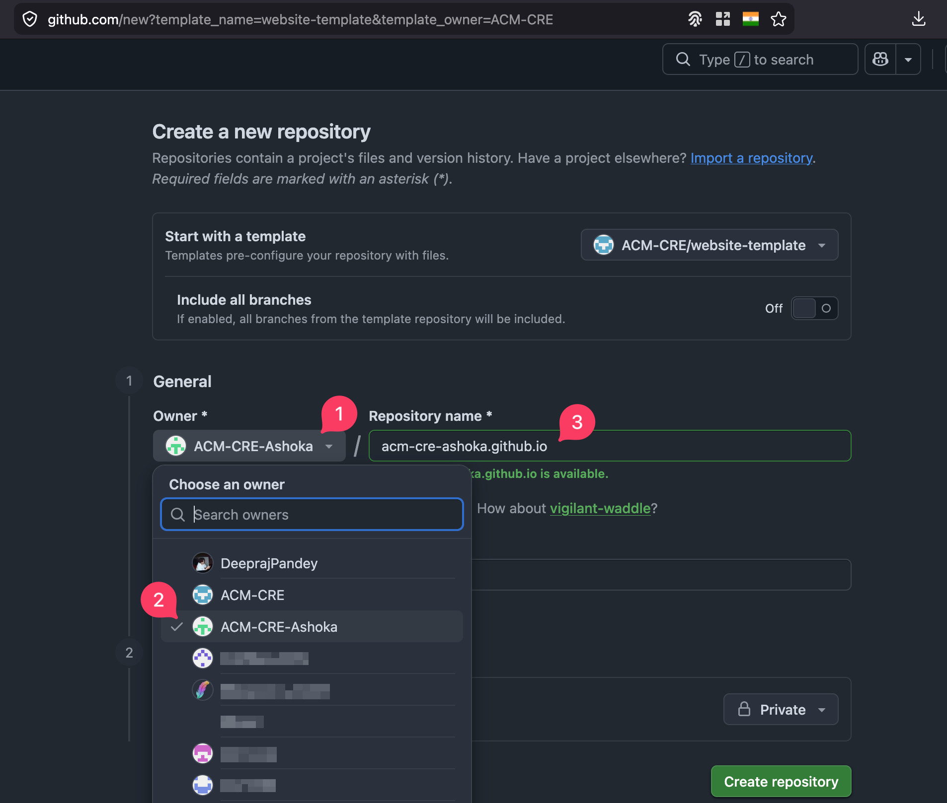 Create repository form with Owner and Repository name fields highlighted