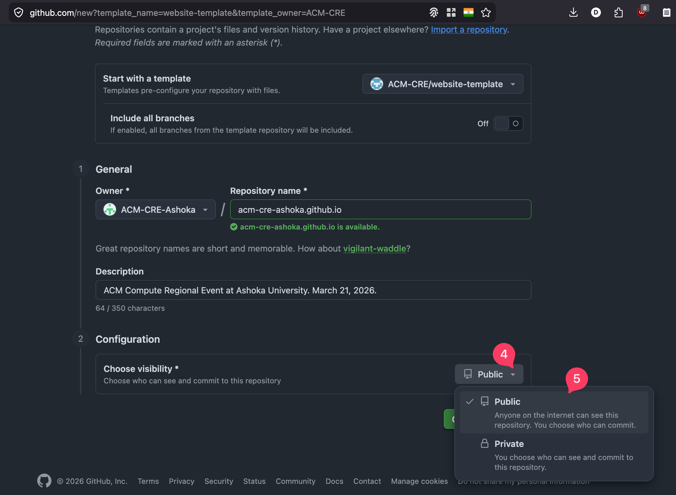 Create repository form scrolled to Description and Visibility fields