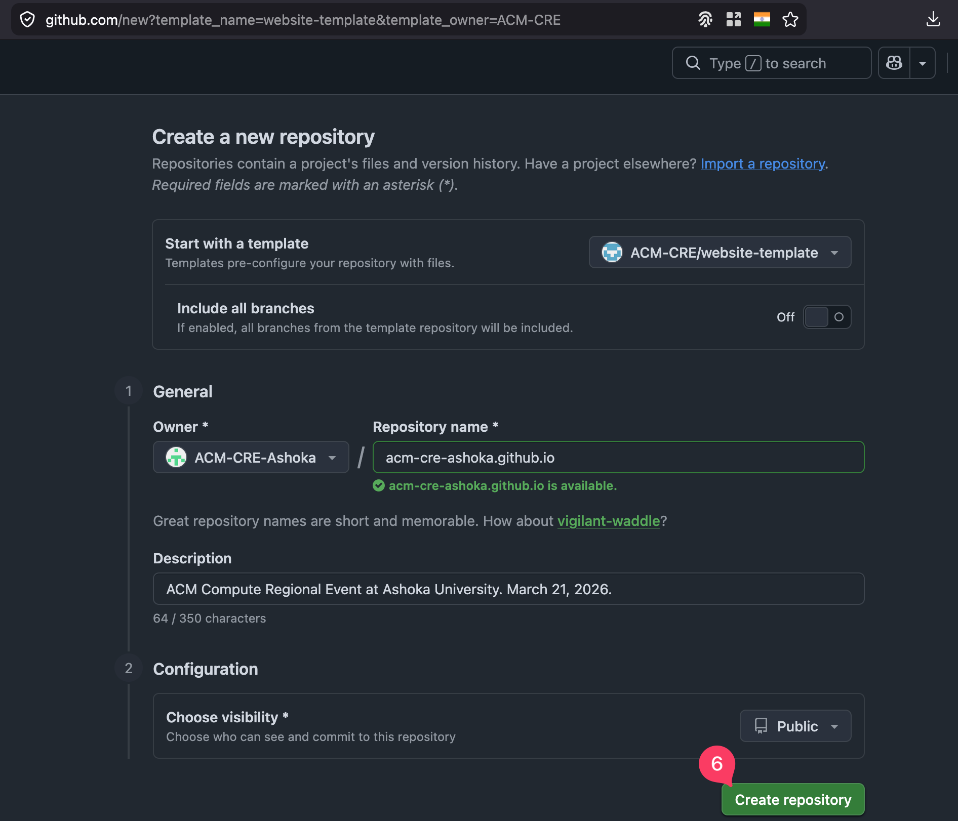 Create repository form with the Create repository button highlighted