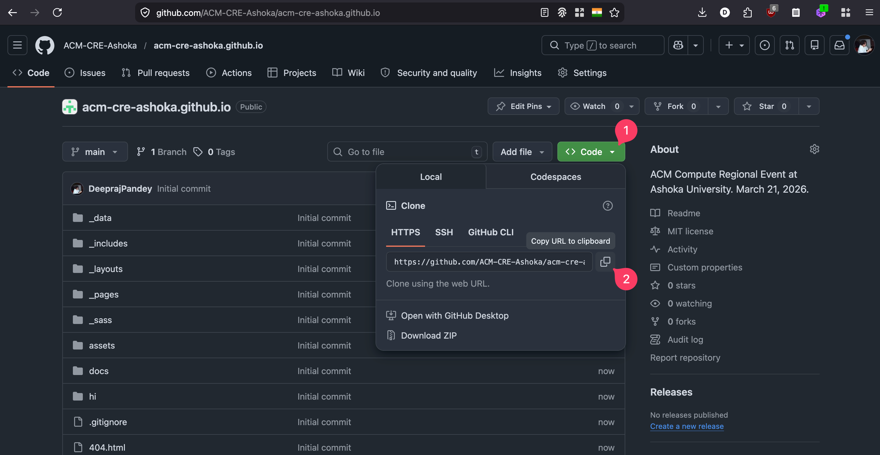 New repository page with the Code dropdown open and HTTPS clone URL highlighted