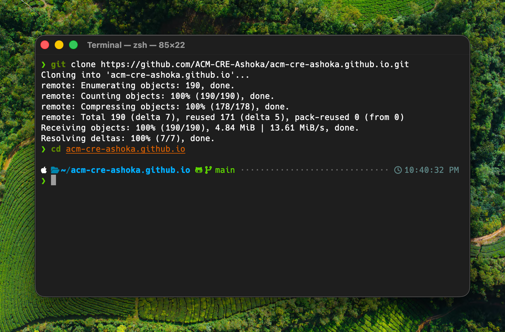 Terminal showing successful git clone followed by cd into the project directory