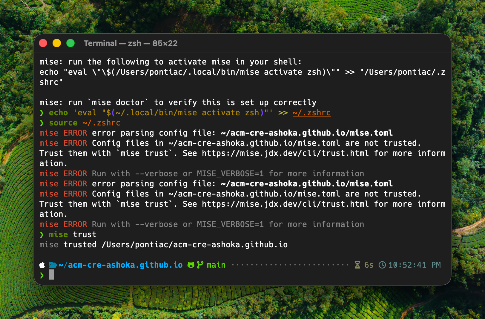 Terminal showing the trust errors followed by mise trust succeeding