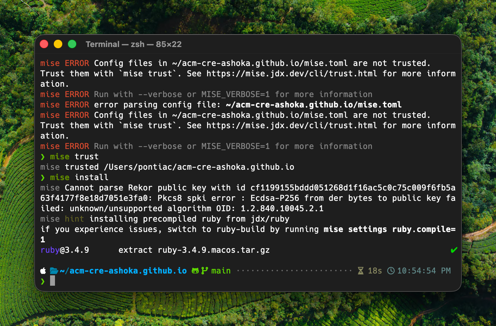 Terminal showing mise install with the Rekor warning followed by the precompiled Ruby being extracted
