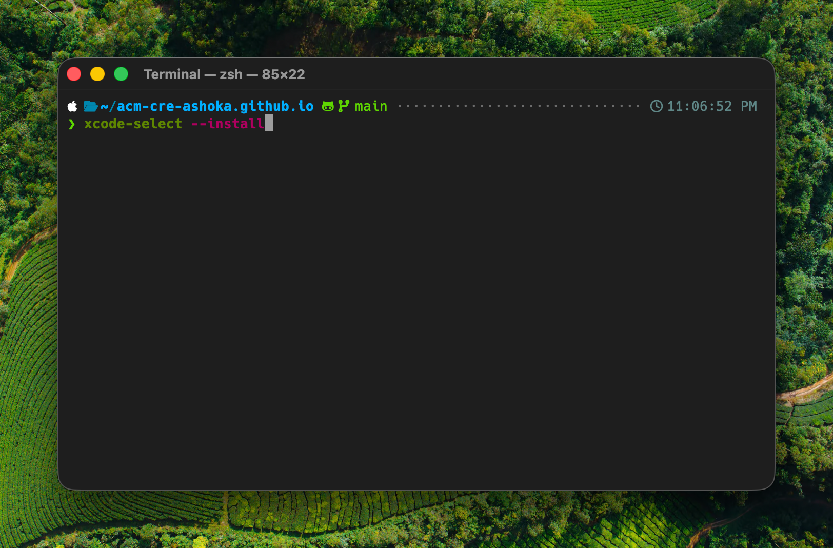 Terminal with the xcode-select --install command typed