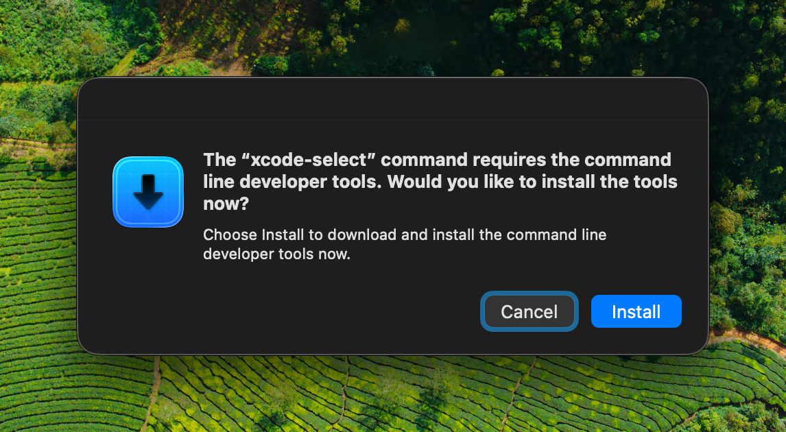 macOS dialog asking to install the command line developer tools, with Install button