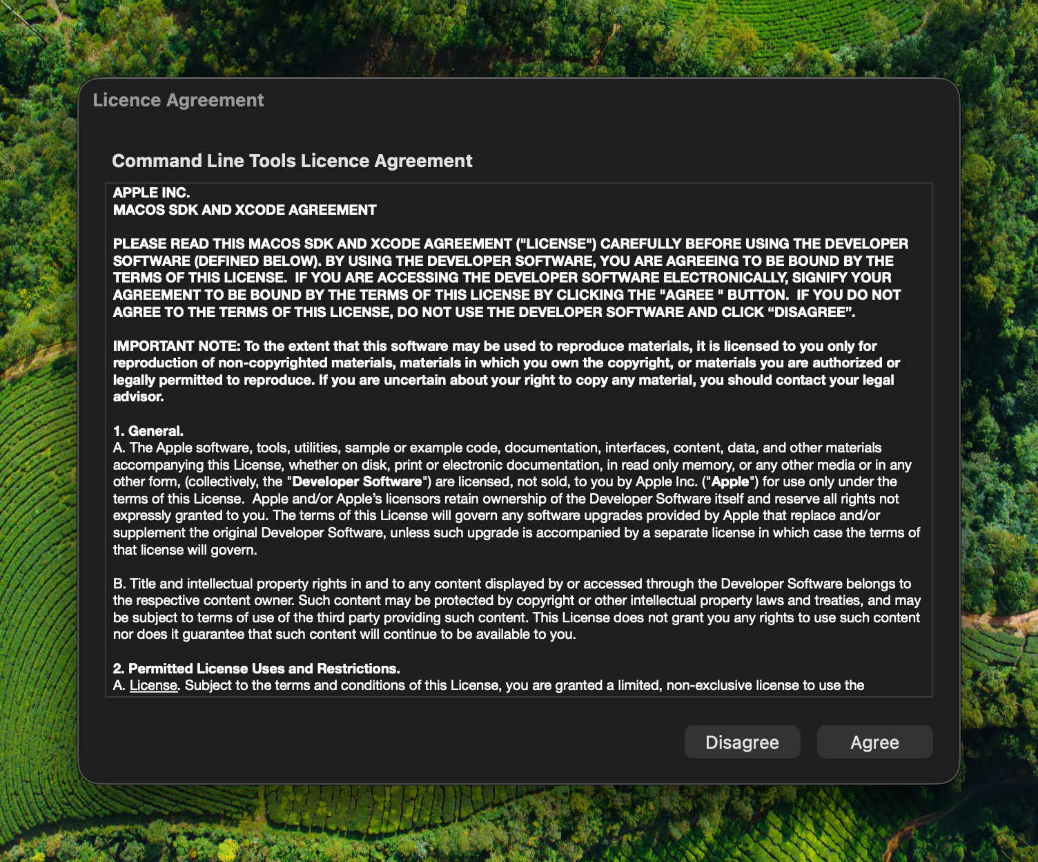 Command Line Tools licence agreement dialog with Agree button