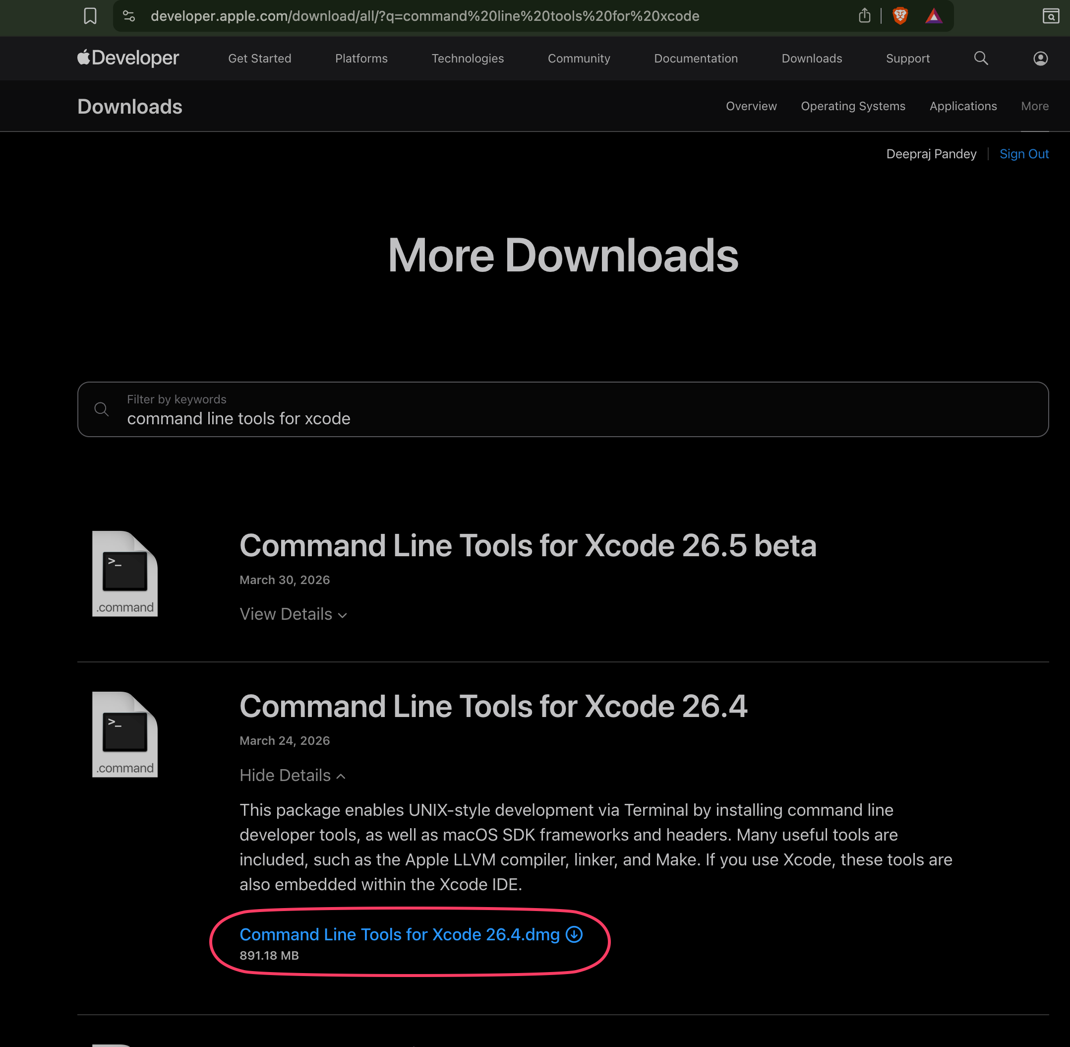 Apple Developer downloads page showing Command Line Tools for Xcode 26.4 highlighted